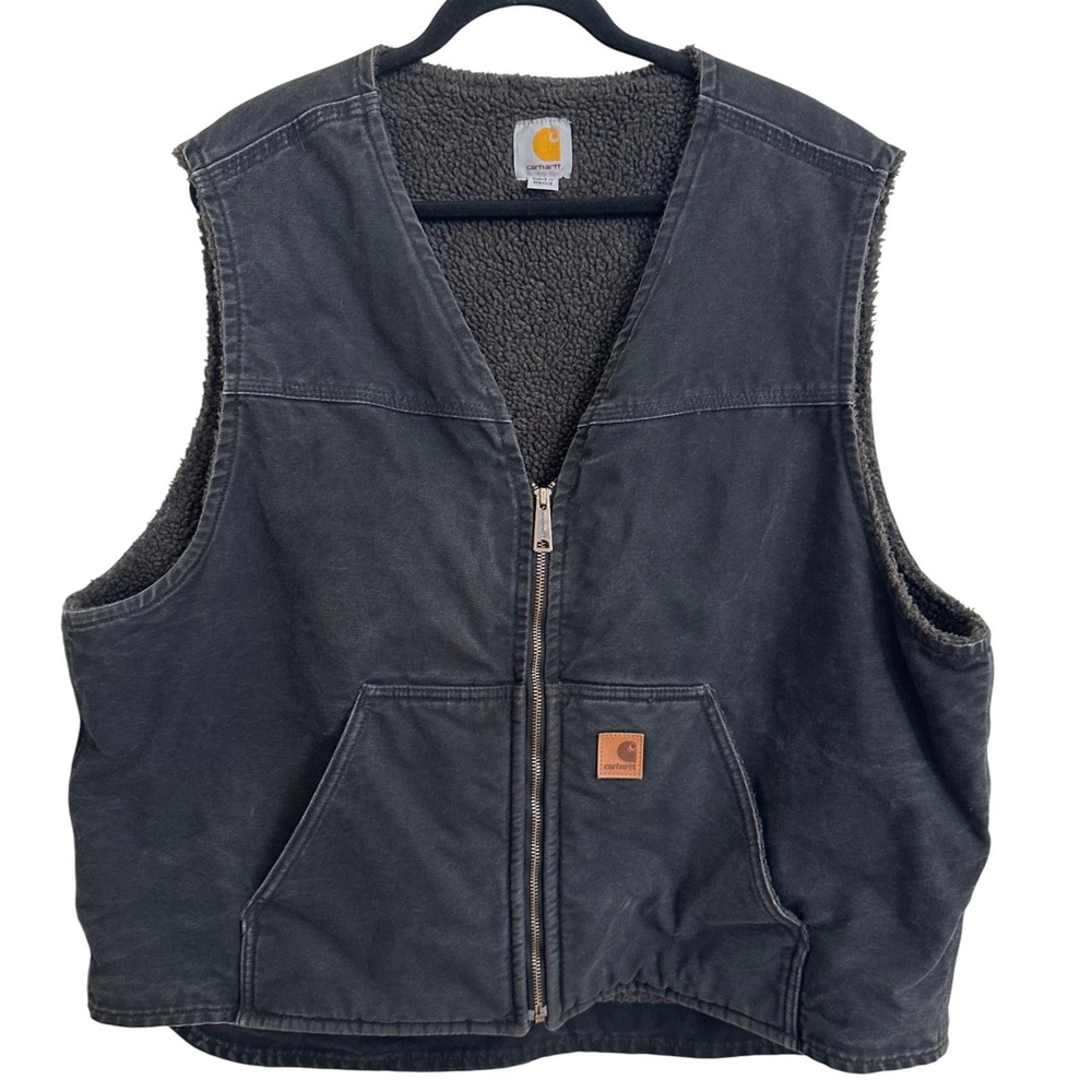 Vintage Carhartt V26 BLK Sherpa‎ Lined Canvas Work Vest Black 2XL